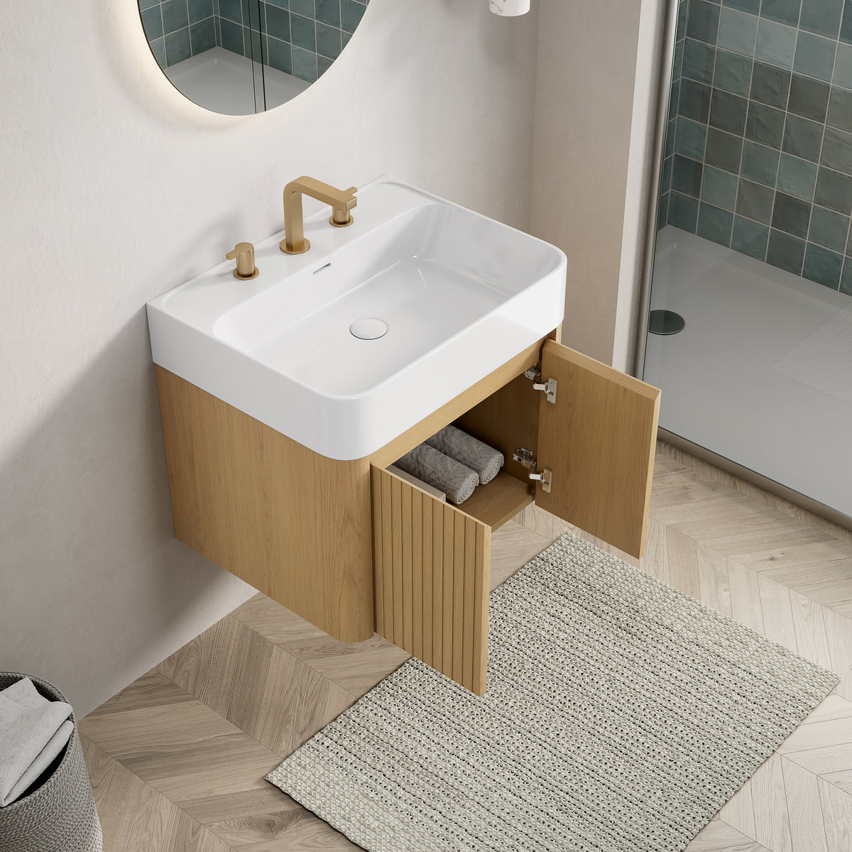 LORAN 24" Wall-Mounted Bathroom Vanity with White Solid Surface Integrated Basin, Floating Storage Cabinet, Corolla Oak Woodgrain, 8" Widespread 3-Hole Faucet Configuration, Disassembled（副本）
