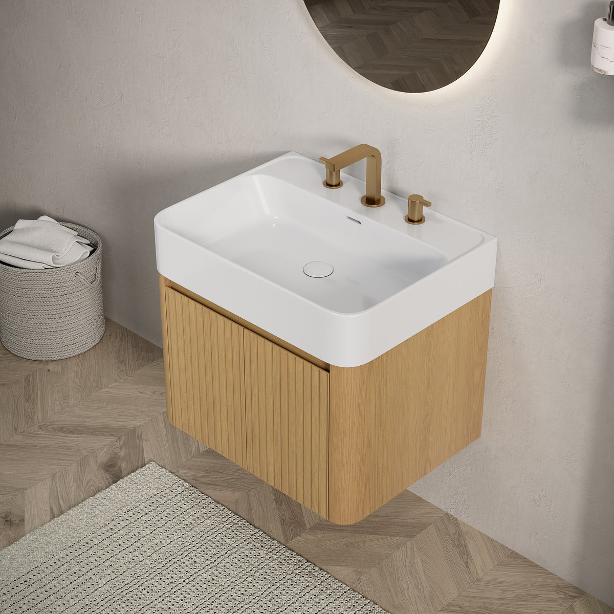LORAN 24" Wall-Mounted Bathroom Vanity with White Solid Surface Integrated Basin, Floating Storage Cabinet, Corolla Oak Woodgrain, 8" Widespread 3-Hole Faucet Configuration, Disassembled（副本）