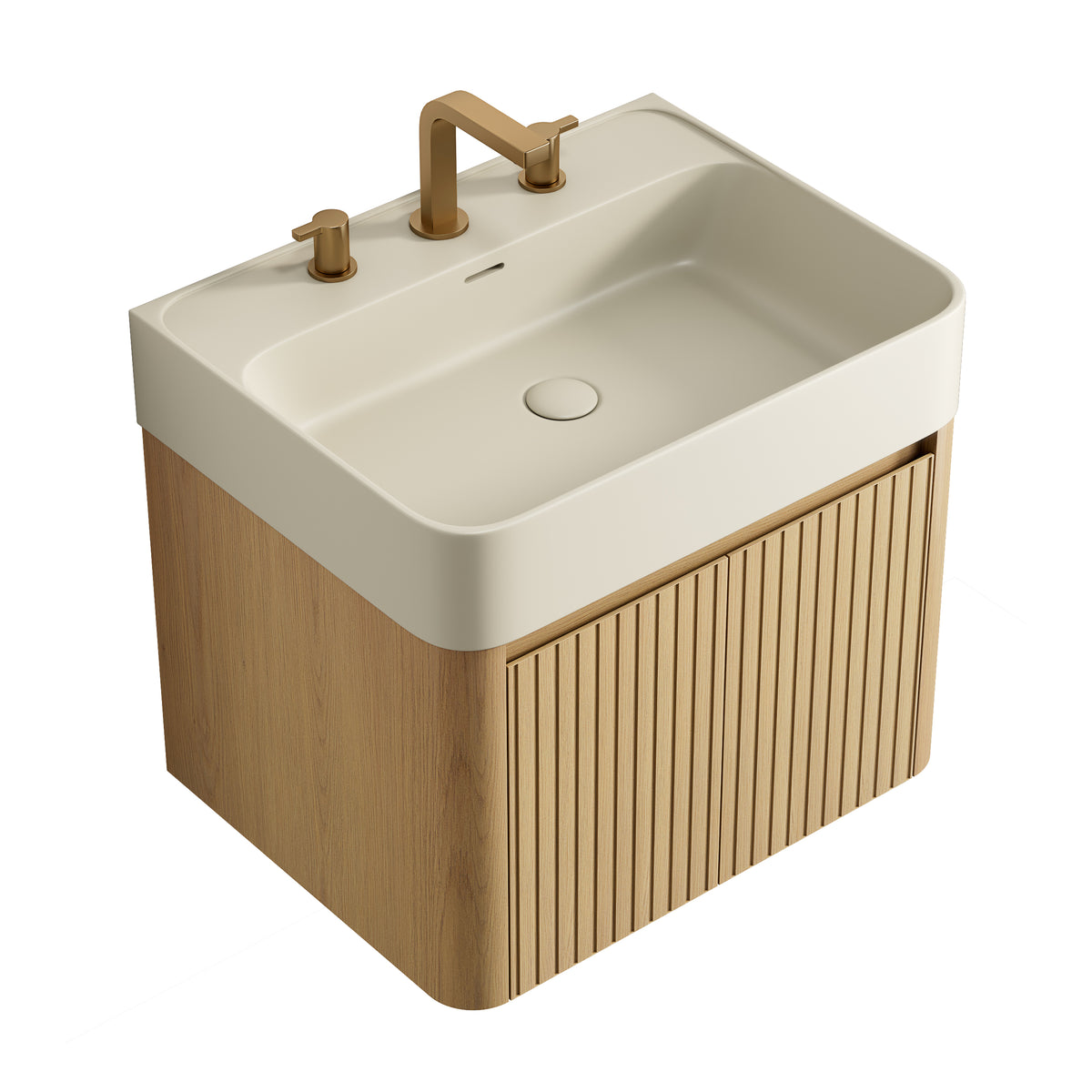 LORAN 24" Wall-Mounted Bathroom Vanity with Warm Cream Beige Solid Surface Integrated Basin, Floating Storage Cabinet, Corolla Oak Woodgrain, 8" Widespread 3-Hole Faucet Configuration, Disassembled