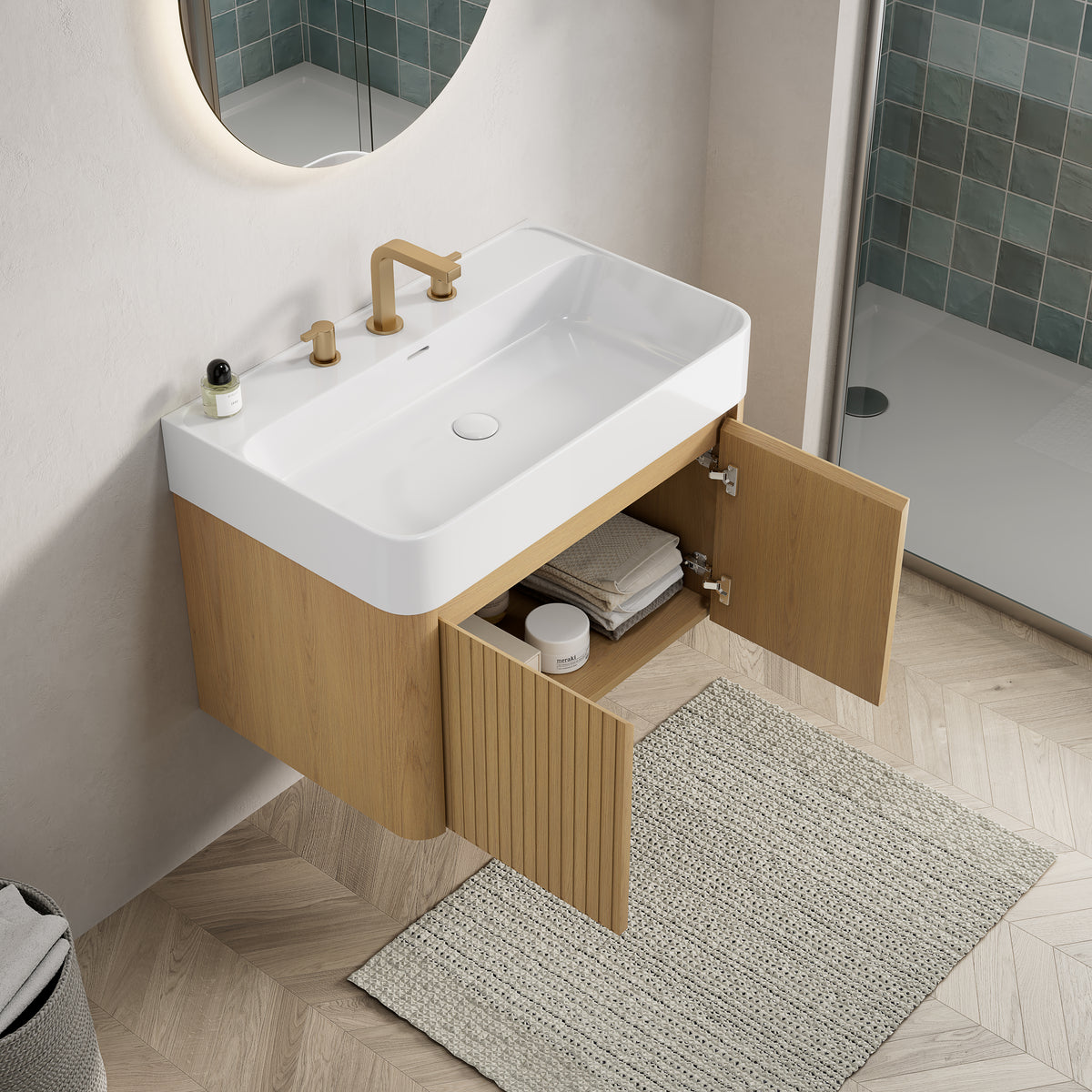 LORAN 30" Wall-Mounted Bathroom Vanity with White Solid Surface Integrated Basin, Floating Storage Cabinet, Corolla Oak Woodgrain, 8" Widespread 3-Hole Faucet Configuration, Disassembled
