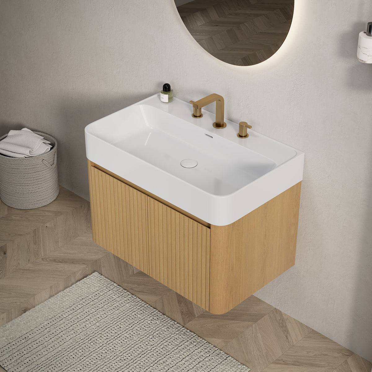 LORAN 30" Wall-Mounted Bathroom Vanity with White Solid Surface Integrated Basin, Floating Storage Cabinet, Corolla Oak Woodgrain, 8" Widespread 3-Hole Faucet Configuration, Disassembled