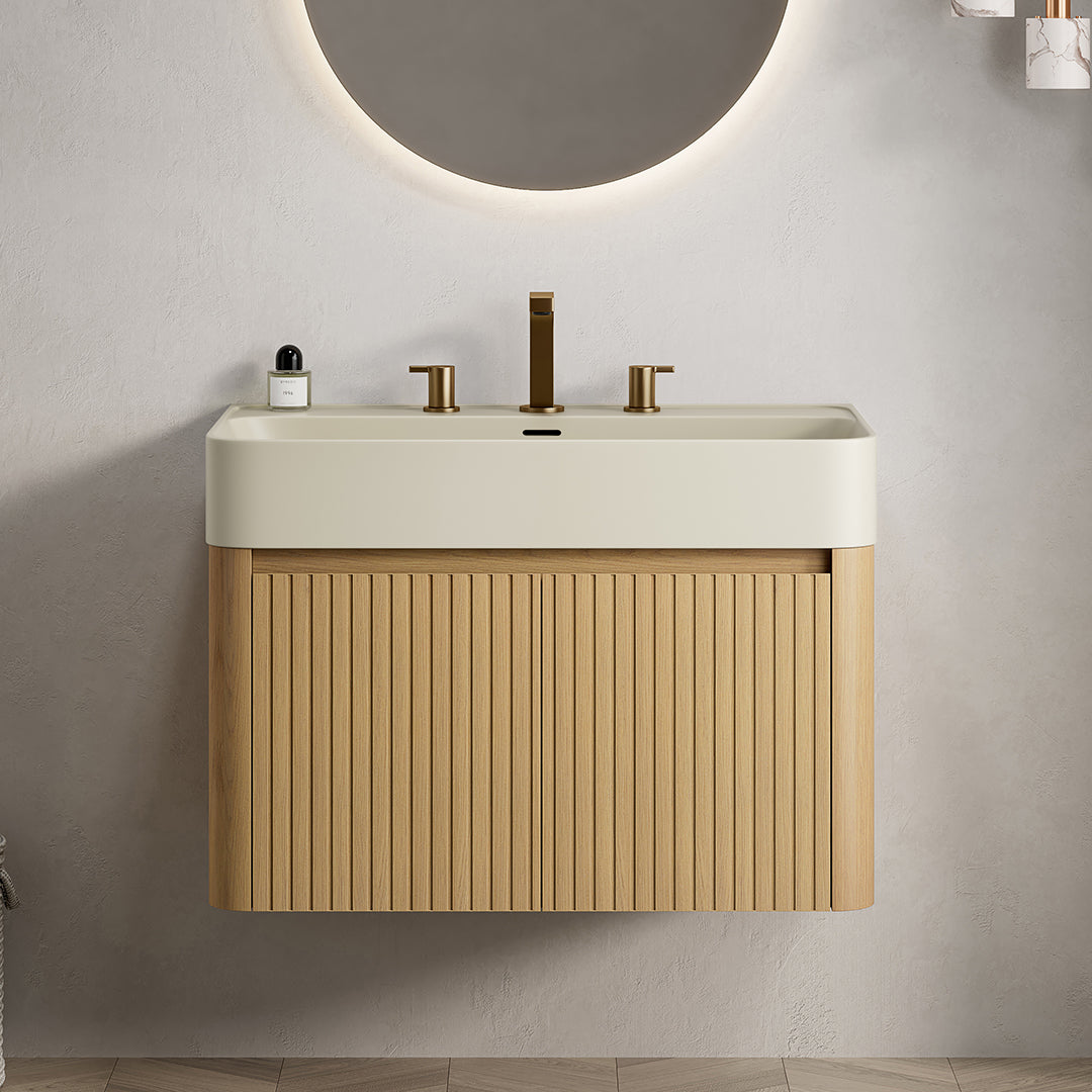 LORAN 30" Wall-Mounted Bathroom Vanity with Warm Cream Beige Solid Surface Integrated Basin, Floating Storage Cabinet, Corolla Oak Woodgrain, 8" Widespread 3-Hole Faucet Configuration, Disassembled