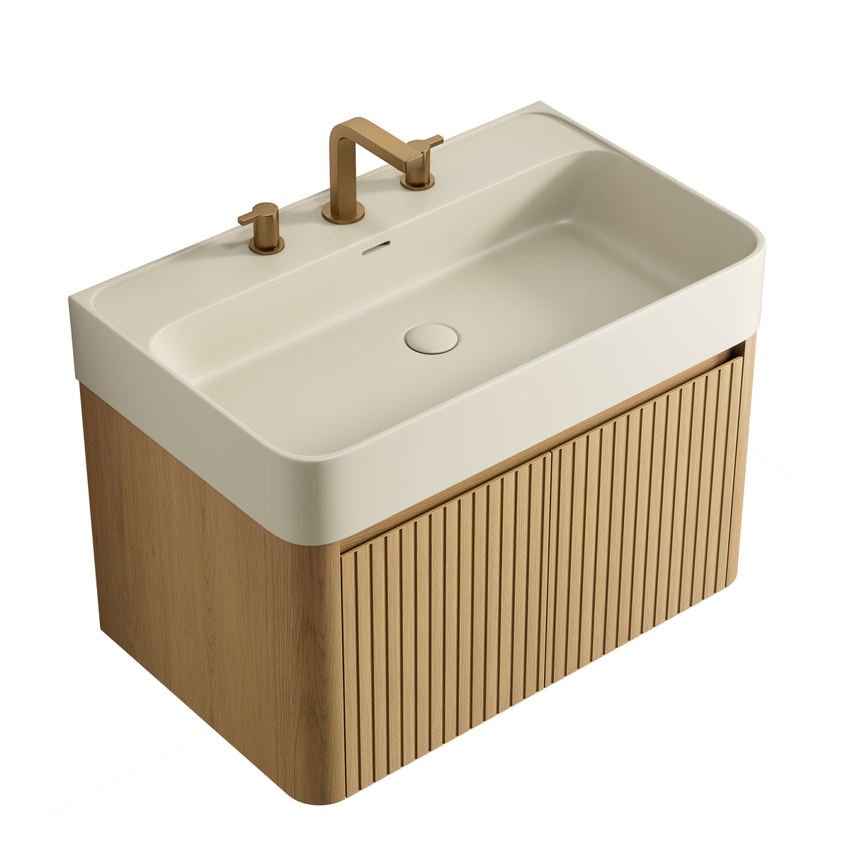 LORAN 30" Wall-Mounted Bathroom Vanity with Warm Cream Beige Solid Surface Integrated Basin, Floating Storage Cabinet, Corolla Oak Woodgrain, 8" Widespread 3-Hole Faucet Configuration, Disassembled