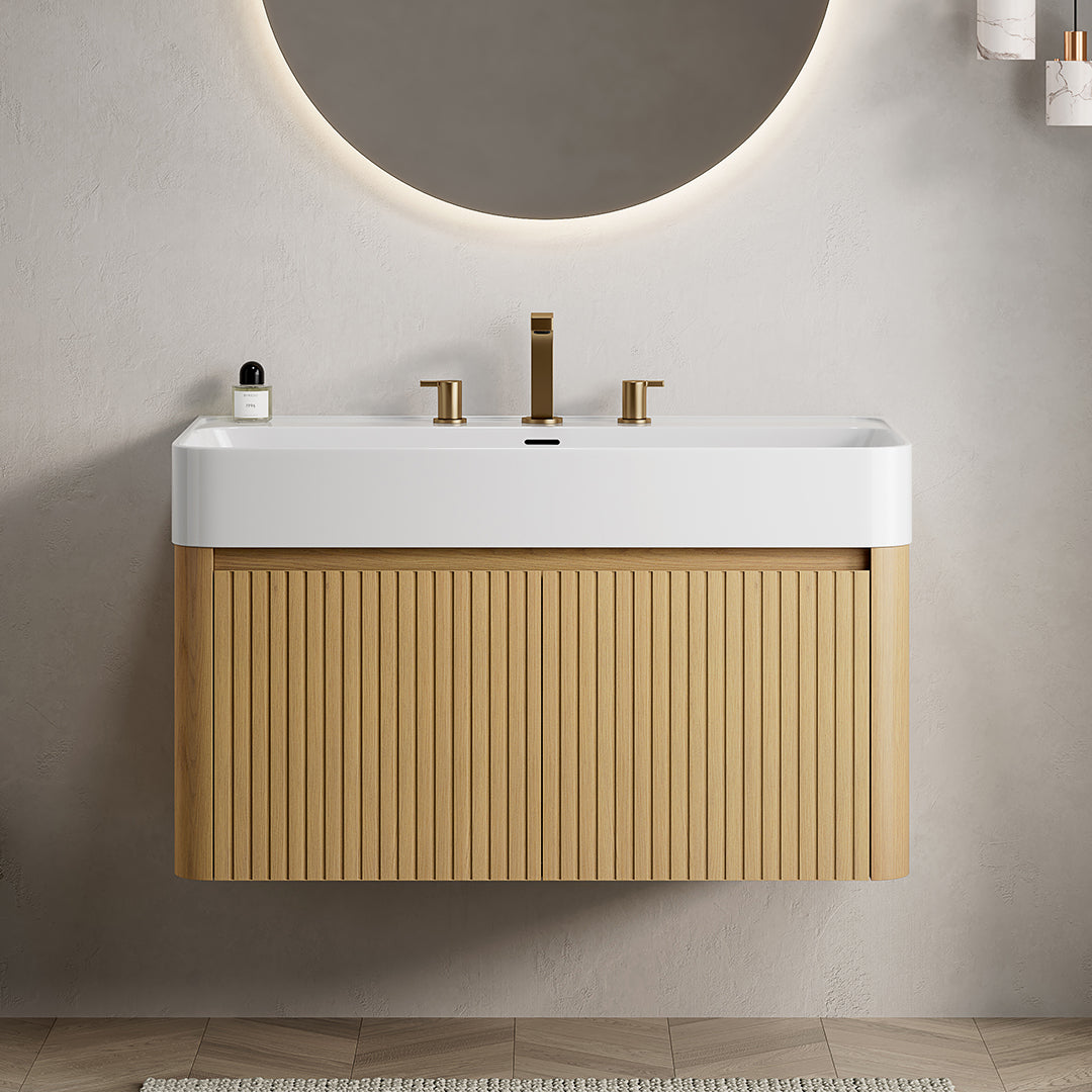 LORAN 36" Wall-Mounted Bathroom Vanity with White Solid Surface Integrated Basin, Floating Storage Cabinet, Corolla Oak Woodgrain, 8" Widespread 3-Hole Faucet Configuration, Disassembled