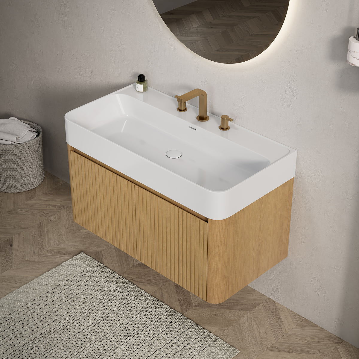 LORAN 36" Wall-Mounted Bathroom Vanity with White Solid Surface Integrated Basin, Floating Storage Cabinet, Corolla Oak Woodgrain, 8" Widespread 3-Hole Faucet Configuration, Disassembled