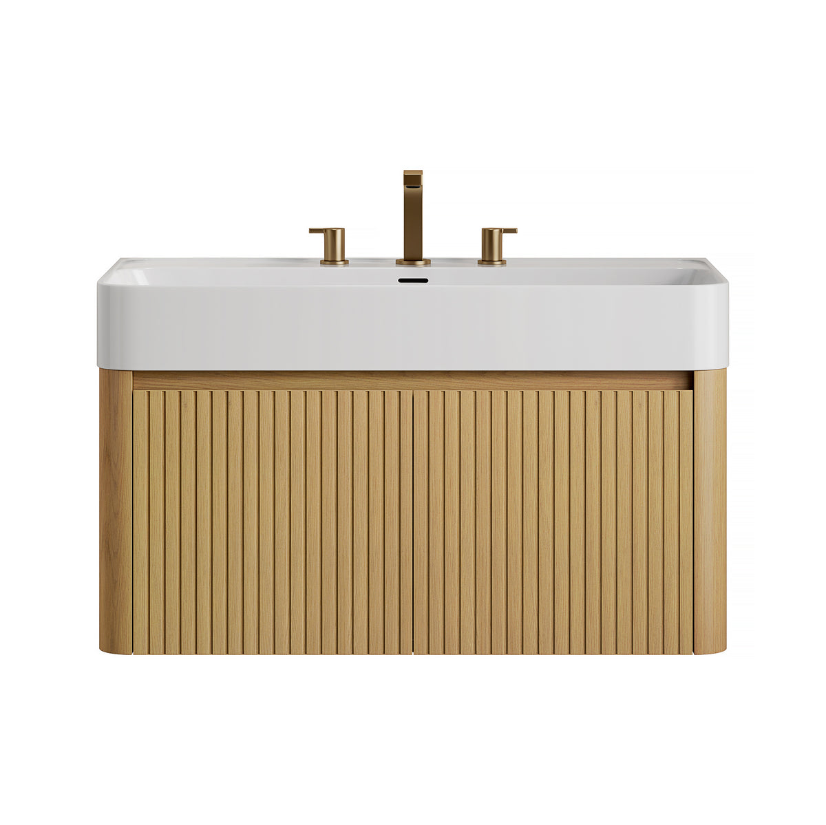 LORAN 36" Wall-Mounted Bathroom Vanity with White Solid Surface Integrated Basin, Floating Storage Cabinet, Corolla Oak Woodgrain, 8" Widespread 3-Hole Faucet Configuration, Disassembled