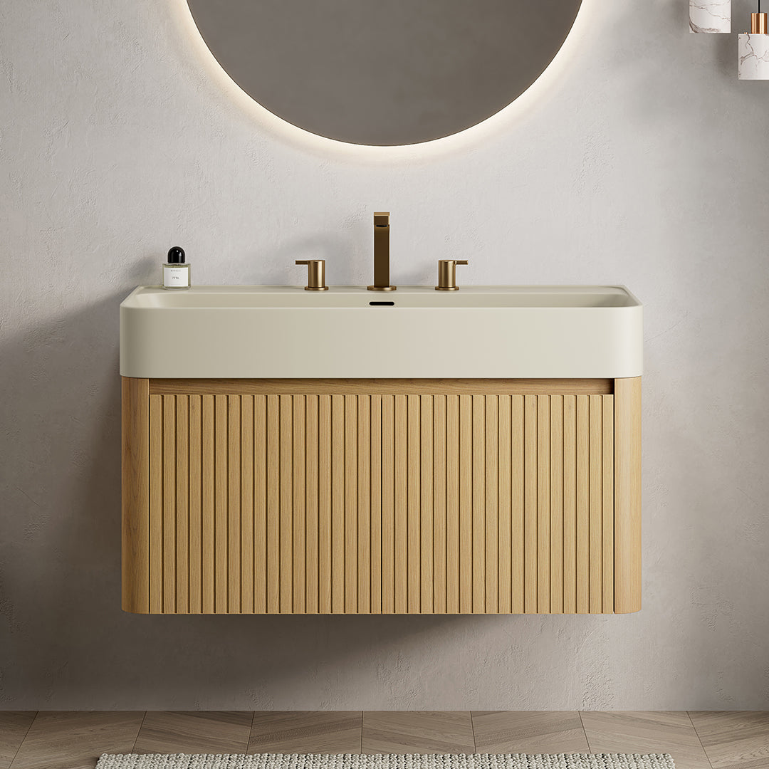 LORAN 36" Wall-Mounted Bathroom Vanity with Warm Cream Beige Solid Surface Integrated Basin, Floating Storage Cabinet, Corolla Oak Woodgrain, 8" Widespread 3-Hole Faucet Configuration, Disassembled