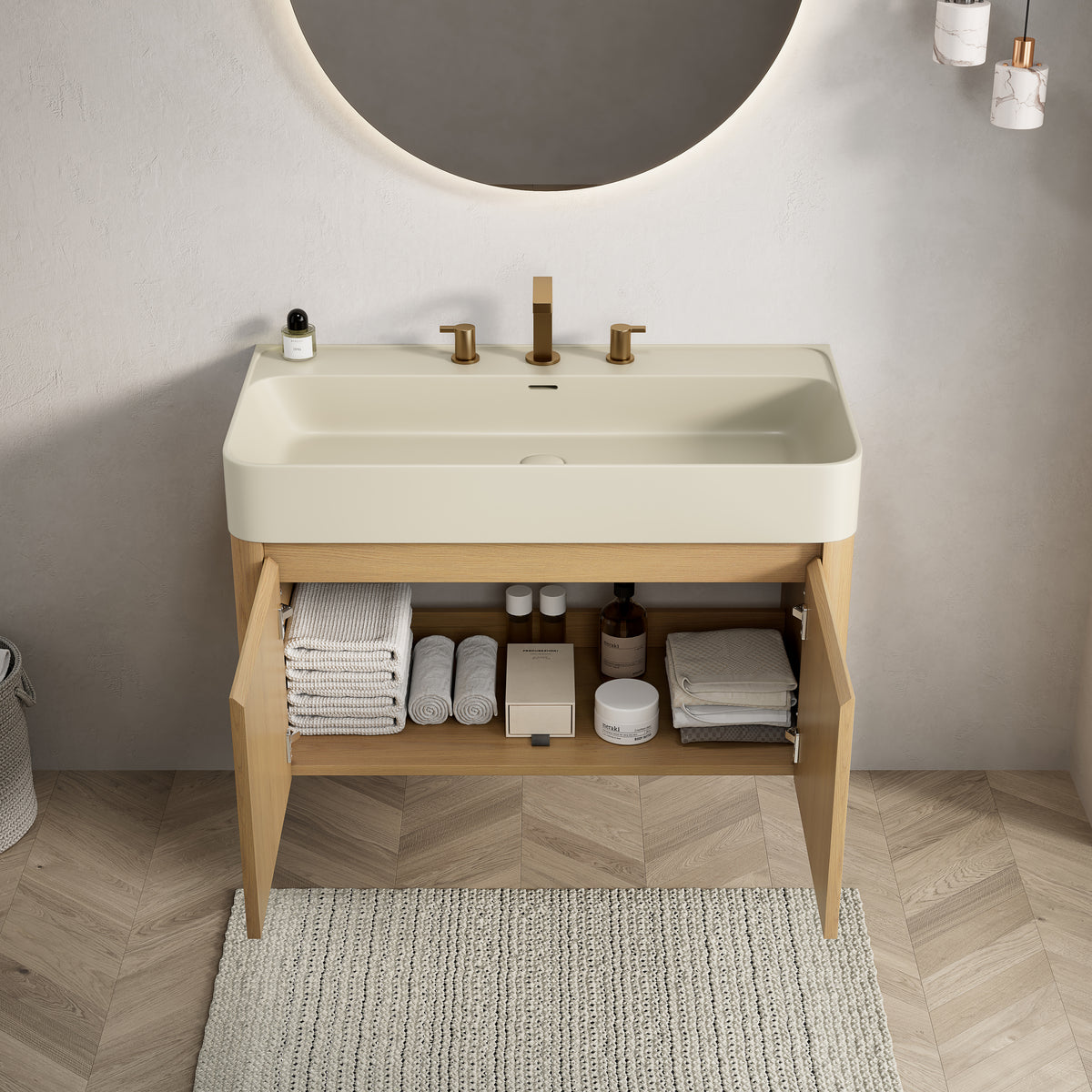 LORAN 36" Wall-Mounted Bathroom Vanity with Warm Cream Beige Solid Surface Integrated Basin, Floating Storage Cabinet, Corolla Oak Woodgrain, 8" Widespread 3-Hole Faucet Configuration, Disassembled