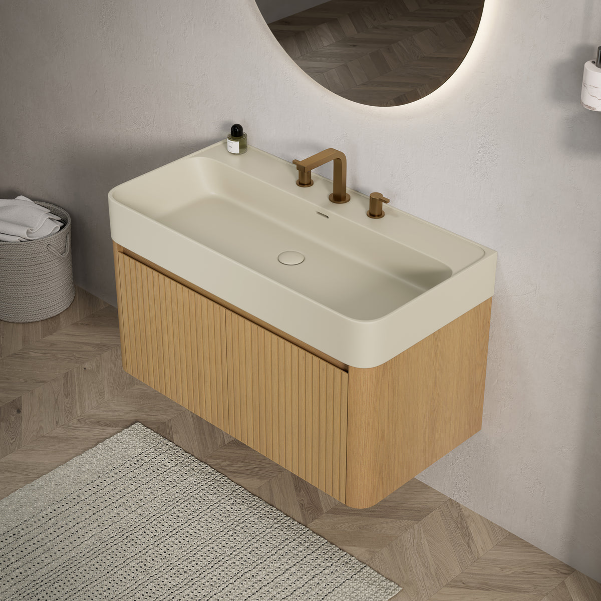 LORAN 36" Wall-Mounted Bathroom Vanity with Warm Cream Beige Solid Surface Integrated Basin, Floating Storage Cabinet, Corolla Oak Woodgrain, 8" Widespread 3-Hole Faucet Configuration, Disassembled