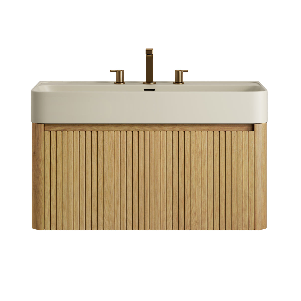 LORAN 36" Wall-Mounted Bathroom Vanity with Warm Cream Beige Solid Surface Integrated Basin, Floating Storage Cabinet, Corolla Oak Woodgrain, 8" Widespread 3-Hole Faucet Configuration, Disassembled