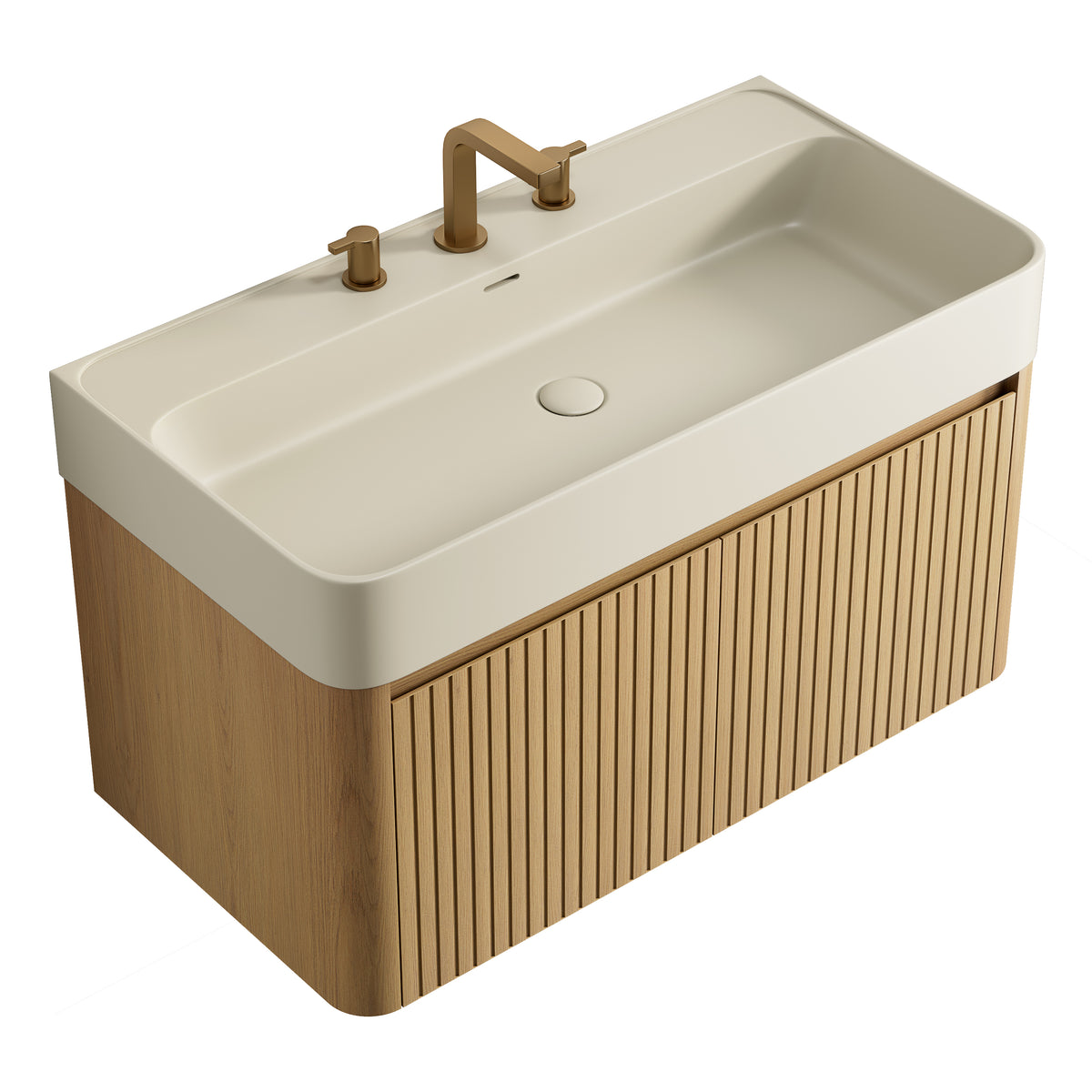 LORAN 36" Wall-Mounted Bathroom Vanity with Warm Cream Beige Solid Surface Integrated Basin, Floating Storage Cabinet, Corolla Oak Woodgrain, 8" Widespread 3-Hole Faucet Configuration, Disassembled