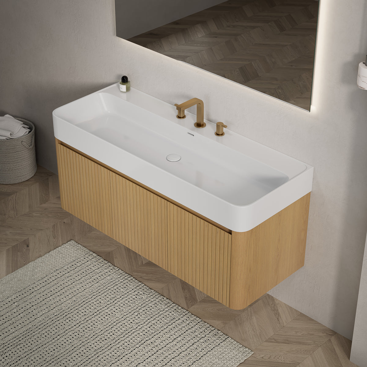 LORAN 48" Wall-Mounted Bathroom Vanity with White Solid Surface Integrated Basin, Floating Storage Cabinet, Corolla Oak Woodgrain, 8" Widespread 3-Hole Faucet Configuration, Disassembled