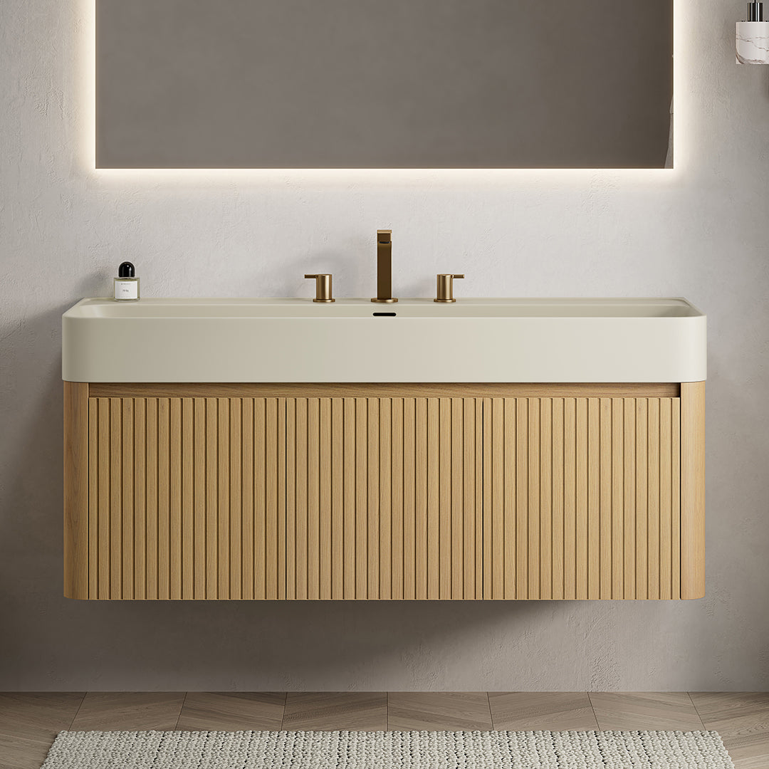 LORAN 48" Wall-Mounted Bathroom Vanity with Warm Cream Beige Solid Surface Integrated Basin, Floating Storage Cabinet, Corolla Oak Woodgrain, 8" Widespread 3-Hole Faucet Configuration, Disassembled