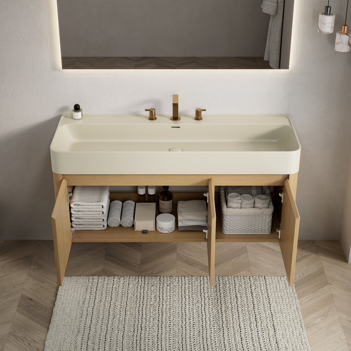 LORAN 48" Wall-Mounted Bathroom Vanity with Warm Cream Beige Solid Surface Integrated Basin, Floating Storage Cabinet, Corolla Oak Woodgrain, 8" Widespread 3-Hole Faucet Configuration, Disassembled