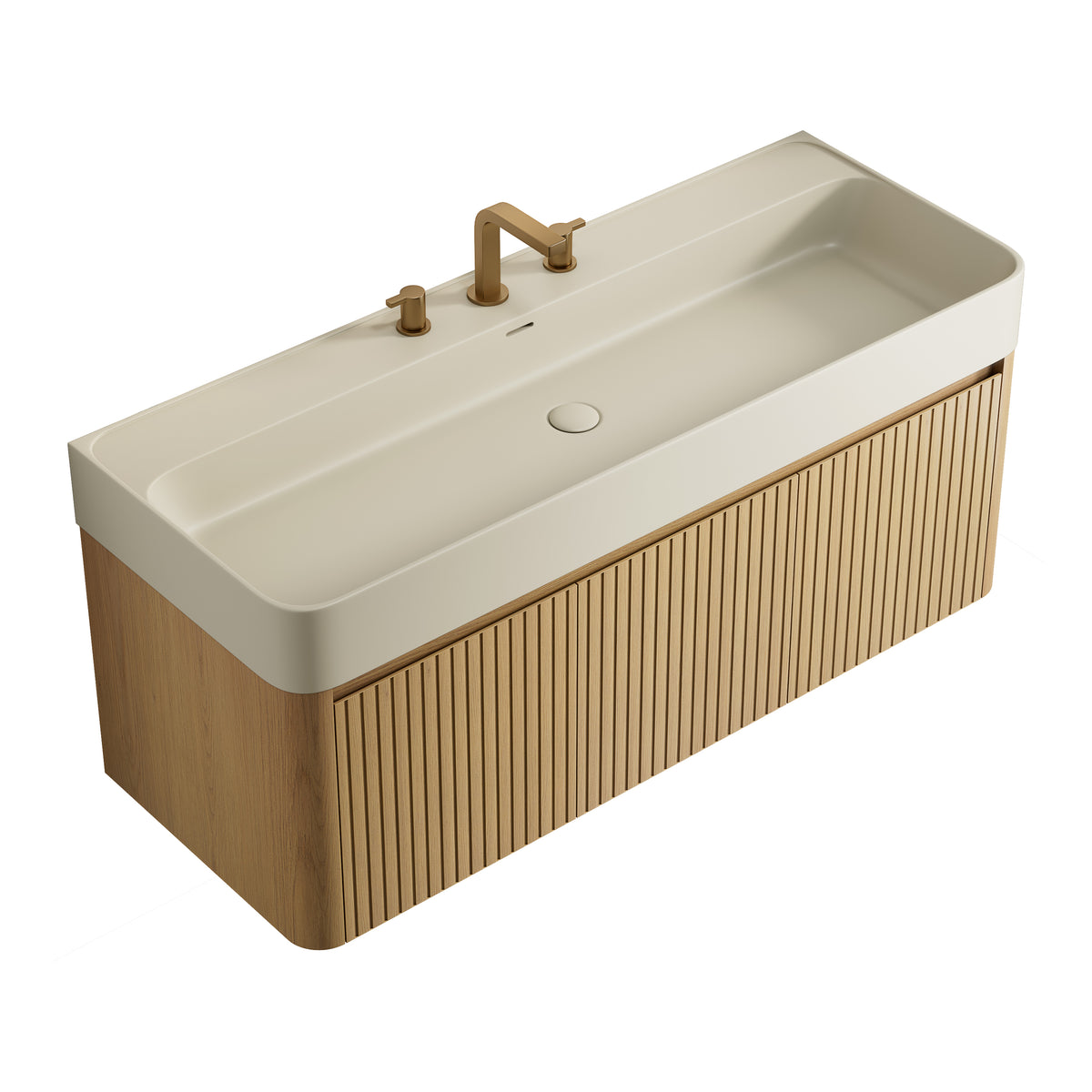 LORAN 48" Wall-Mounted Bathroom Vanity with Warm Cream Beige Solid Surface Integrated Basin, Floating Storage Cabinet, Corolla Oak Woodgrain, 8" Widespread 3-Hole Faucet Configuration, Disassembled