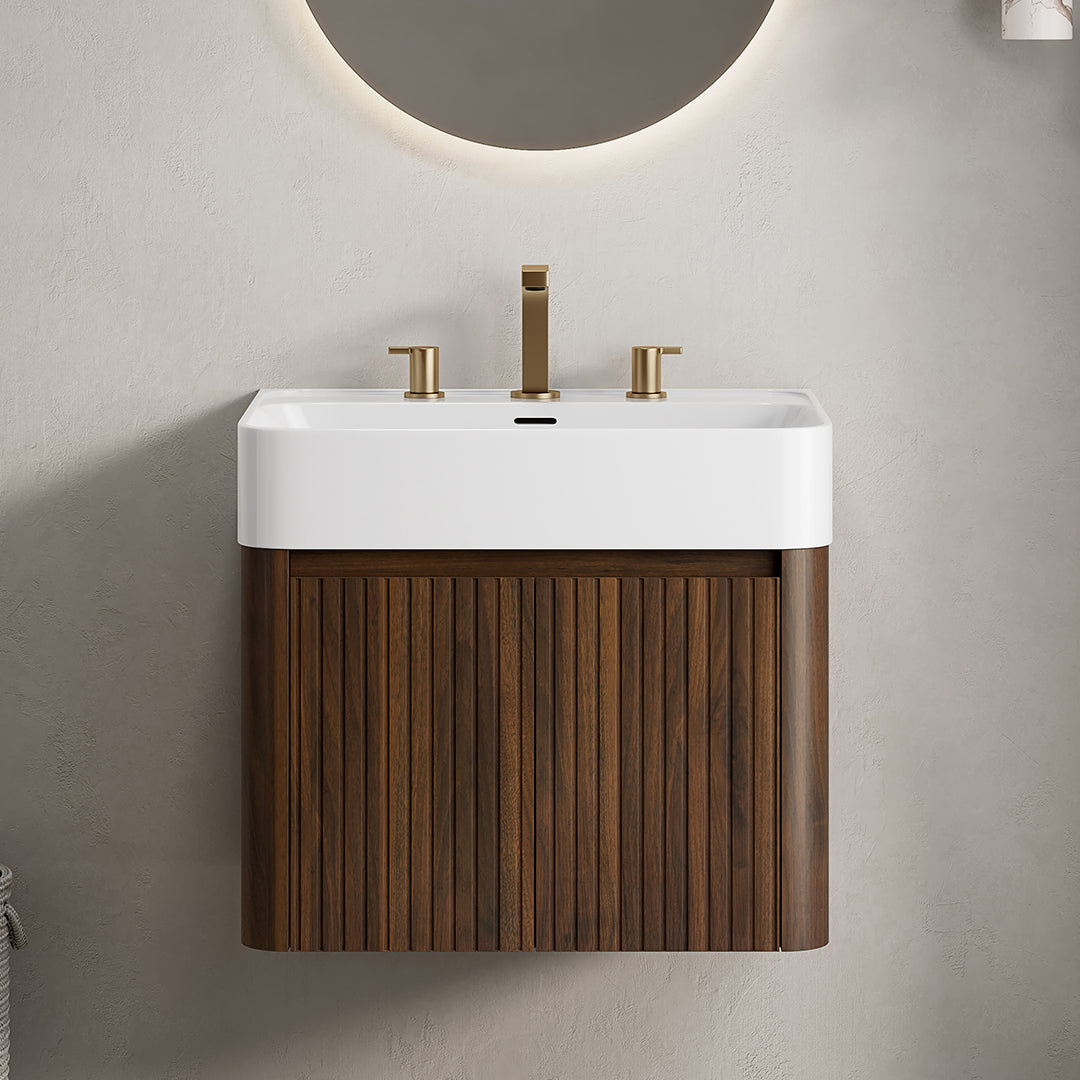 LORAN 24" Wall-Mounted Bathroom Vanity with White Solid Surface Integrated Basin, Floating Storage Cabinet, Walnut Woodgrain, 8" Widespread 3-Hole Faucet Configuration, Disassembled