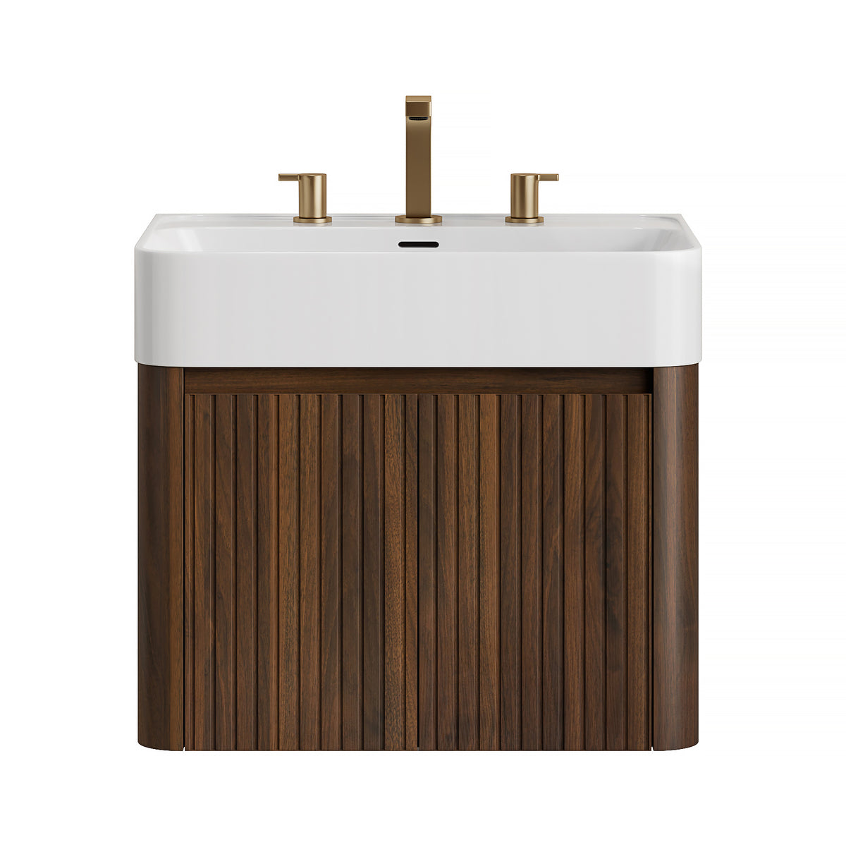 LORAN 24" Wall-Mounted Bathroom Vanity with White Solid Surface Integrated Basin, Floating Storage Cabinet, Walnut Woodgrain, 8" Widespread 3-Hole Faucet Configuration, Disassembled