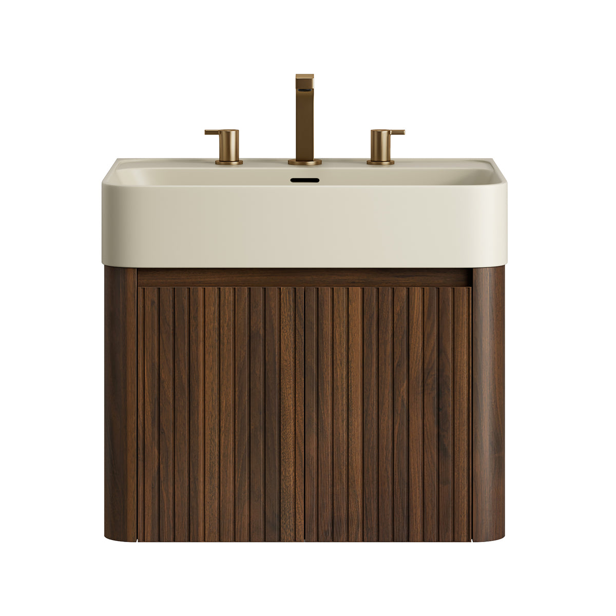 LORAN 24" Wall-Mounted Bathroom Vanity with Warm Cream Beige Solid Surface Integrated Basin, Floating Storage Cabinet, Walnut Woodgrain, 8" Widespread 3-Hole Faucet Configuration, Disassembled