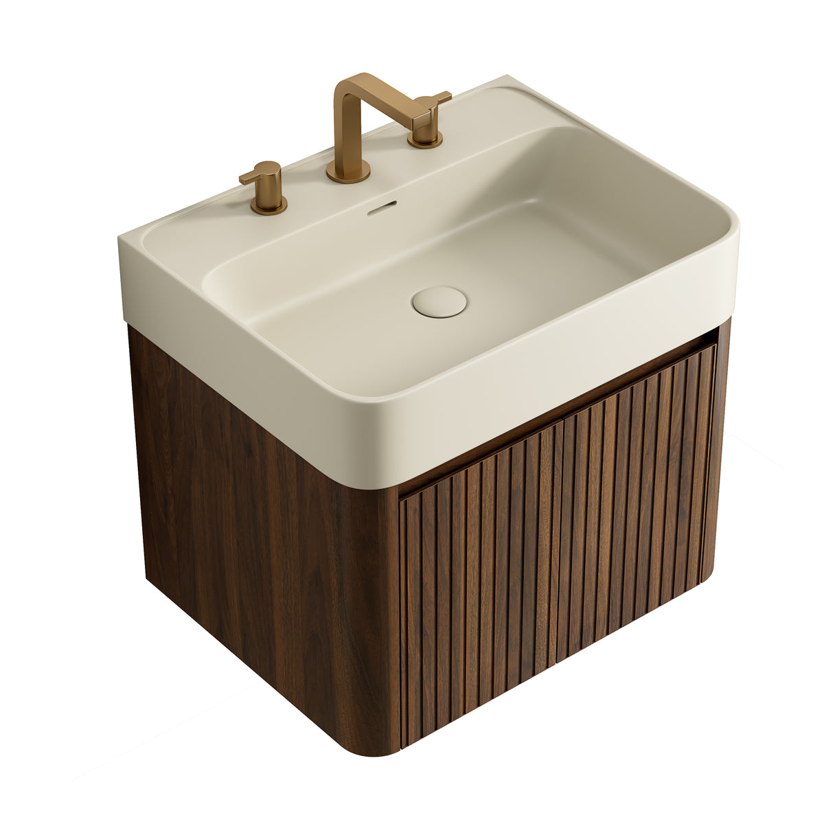 LORAN 24" Wall-Mounted Bathroom Vanity with Warm Cream Beige Solid Surface Integrated Basin, Floating Storage Cabinet, Walnut Woodgrain, 8" Widespread 3-Hole Faucet Configuration, Disassembled