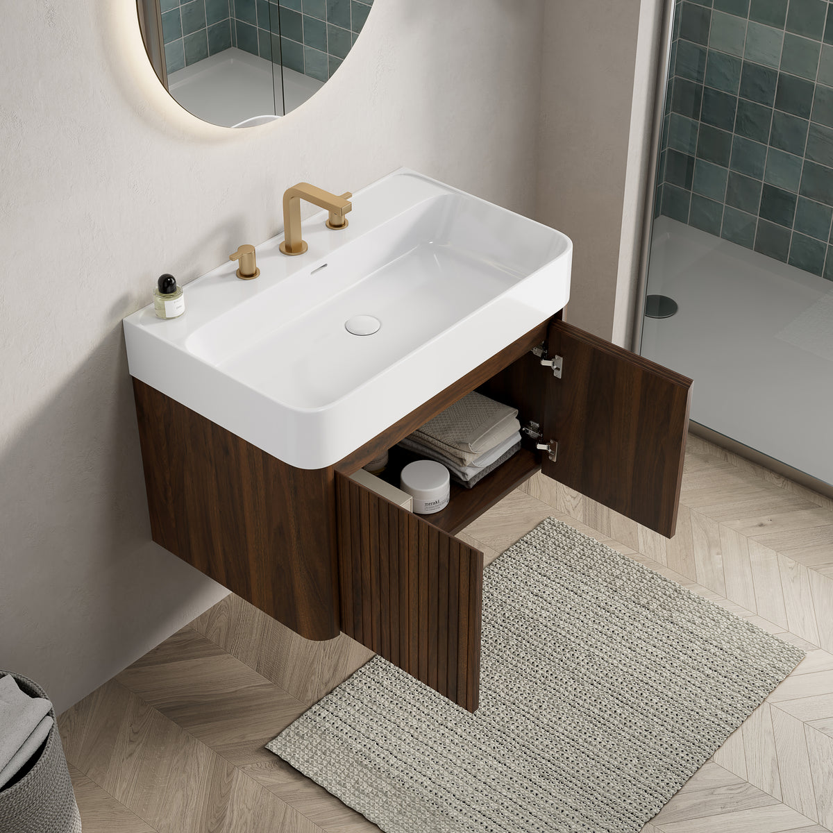 LORAN 30" Wall-Mounted Bathroom Vanity with White Solid Surface Integrated Basin, Floating Storage Cabinet, Walnut Woodgrain, 8" Widespread 3-Hole Faucet Configuration, Disassembled