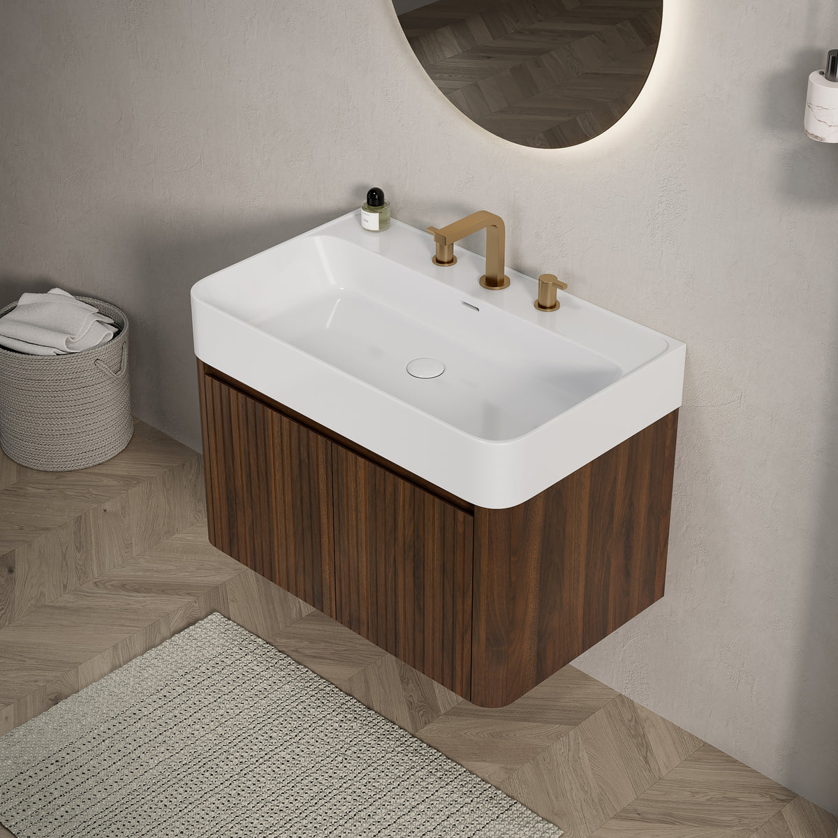 LORAN 30" Wall-Mounted Bathroom Vanity with White Solid Surface Integrated Basin, Floating Storage Cabinet, Walnut Woodgrain, 8" Widespread 3-Hole Faucet Configuration, Disassembled