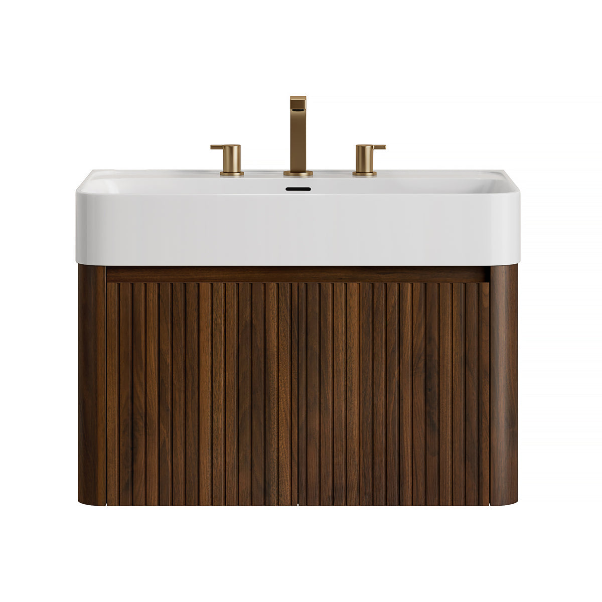 LORAN 30" Wall-Mounted Bathroom Vanity with White Solid Surface Integrated Basin, Floating Storage Cabinet, Walnut Woodgrain, 8" Widespread 3-Hole Faucet Configuration, Disassembled