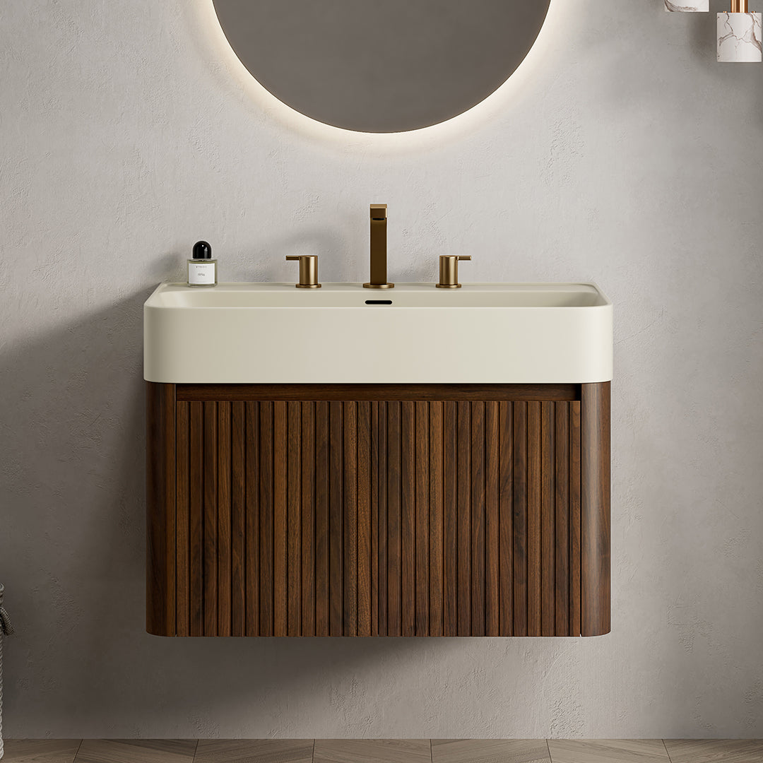 LORAN 30" Wall-Mounted Bathroom Vanity with Warm Cream Beige Solid Surface Integrated Basin, Floating Storage Cabinet, Walnut Woodgrain, 8" Widespread 3-Hole Faucet Configuration, Disassembled
