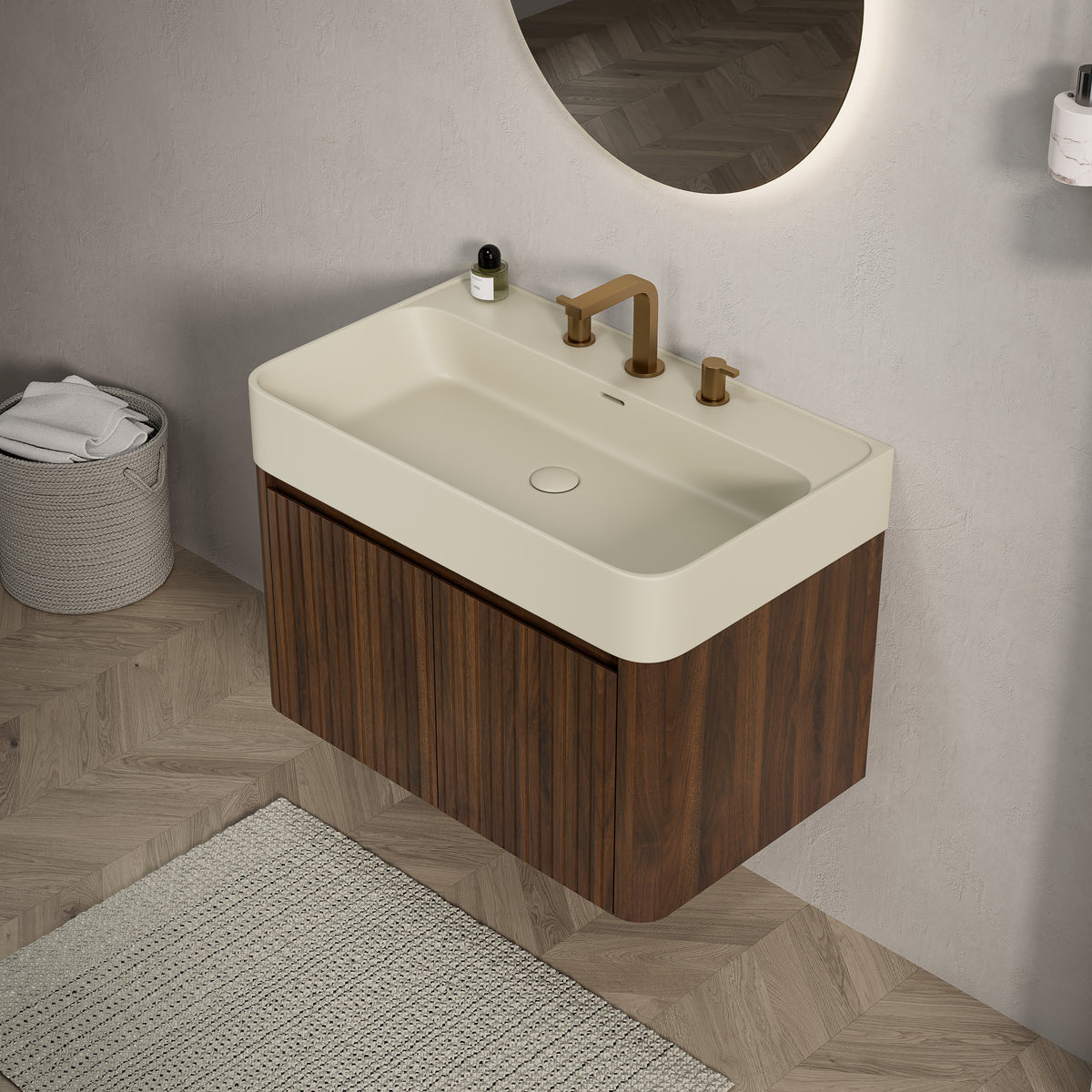 LORAN 30" Wall-Mounted Bathroom Vanity with Warm Cream Beige Solid Surface Integrated Basin, Floating Storage Cabinet, Walnut Woodgrain, 8" Widespread 3-Hole Faucet Configuration, Disassembled