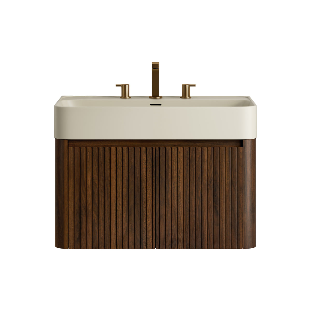 LORAN 30" Wall-Mounted Bathroom Vanity with Warm Cream Beige Solid Surface Integrated Basin, Floating Storage Cabinet, Walnut Woodgrain, 8" Widespread 3-Hole Faucet Configuration, Disassembled