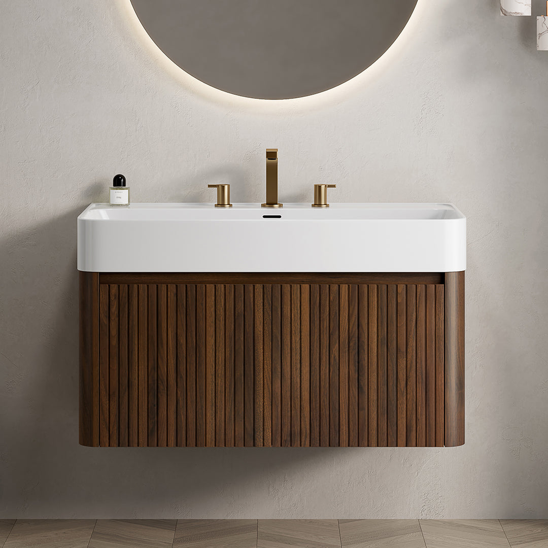 LORAN 36" Wall-Mounted Bathroom Vanity with White Solid Surface Integrated Basin, Floating Storage Cabinet, Walnut Woodgrain, 8" Widespread 3-Hole Faucet Configuration, Disassembled
