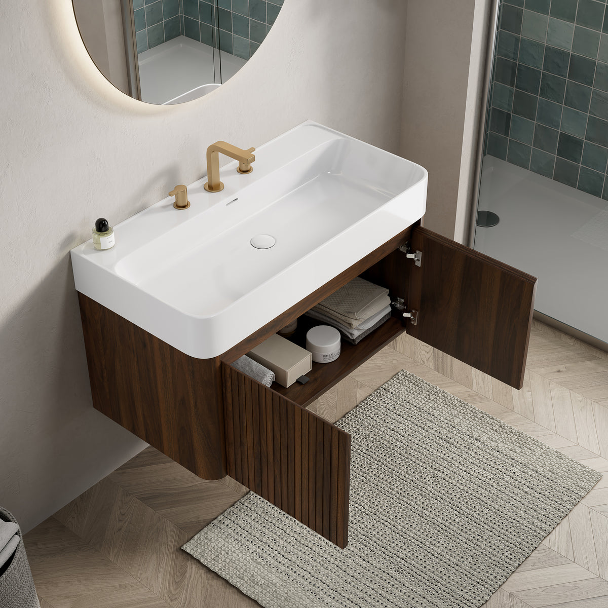 LORAN 36" Wall-Mounted Bathroom Vanity with White Solid Surface Integrated Basin, Floating Storage Cabinet, Walnut Woodgrain, 8" Widespread 3-Hole Faucet Configuration, Disassembled