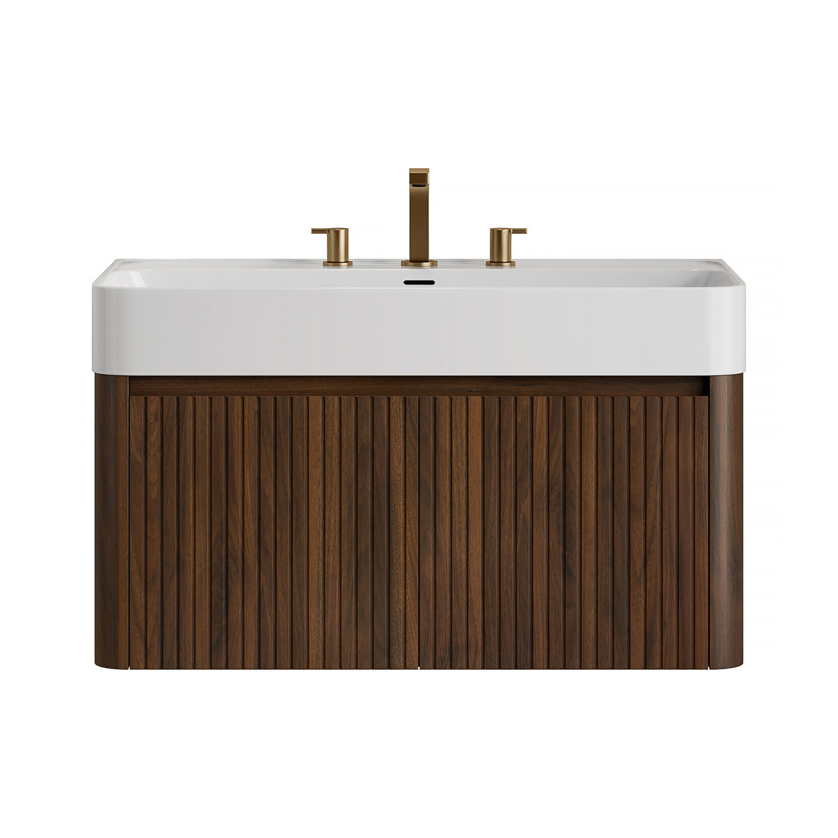 LORAN 36" Wall-Mounted Bathroom Vanity with White Solid Surface Integrated Basin, Floating Storage Cabinet, Walnut Woodgrain, 8" Widespread 3-Hole Faucet Configuration, Disassembled