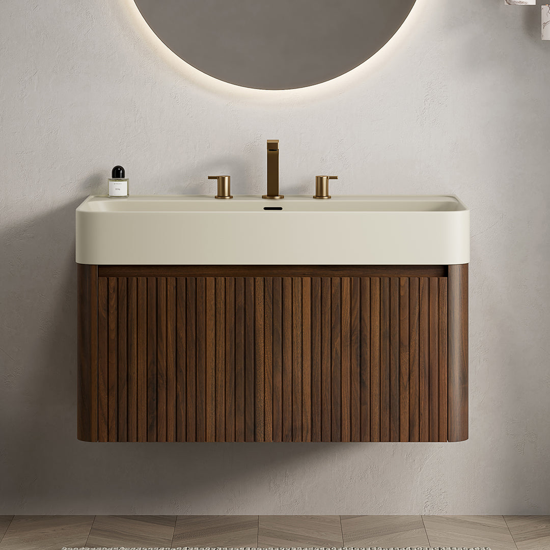 LORAN 36" Wall-Mounted Bathroom Vanity with Warm Cream Beige Solid Surface Integrated Basin, Floating Storage Cabinet, Walnut Woodgrain, 8" Widespread 3-Hole Faucet Configuration, Disassembled