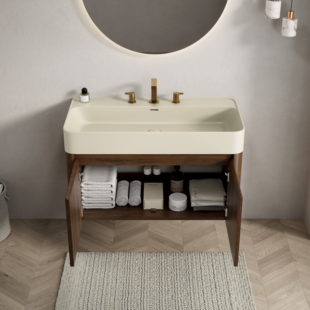 LORAN 36" Wall-Mounted Bathroom Vanity with Warm Cream Beige Solid Surface Integrated Basin, Floating Storage Cabinet, Walnut Woodgrain, 8" Widespread 3-Hole Faucet Configuration, Disassembled