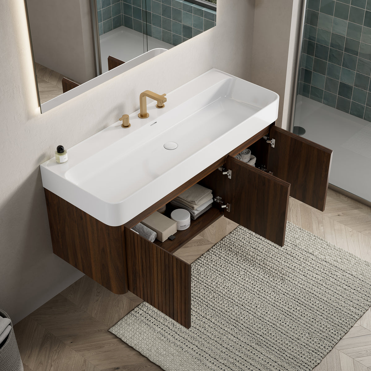 LORAN 48" Wall-Mounted Bathroom Vanity with White Solid Surface Integrated Basin, Floating Storage Cabinet, Walnut Woodgrain, 8" Widespread 3-Hole Faucet Configuration, Disassembled
