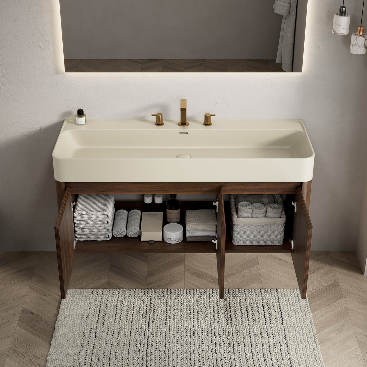 LORAN 48" Wall-Mounted Bathroom Vanity with Warm Cream Beige Solid Surface Integrated Basin, Floating Storage Cabinet, Walnut Woodgrain, 8" Widespread 3-Hole Faucet Configuration, Disassembled