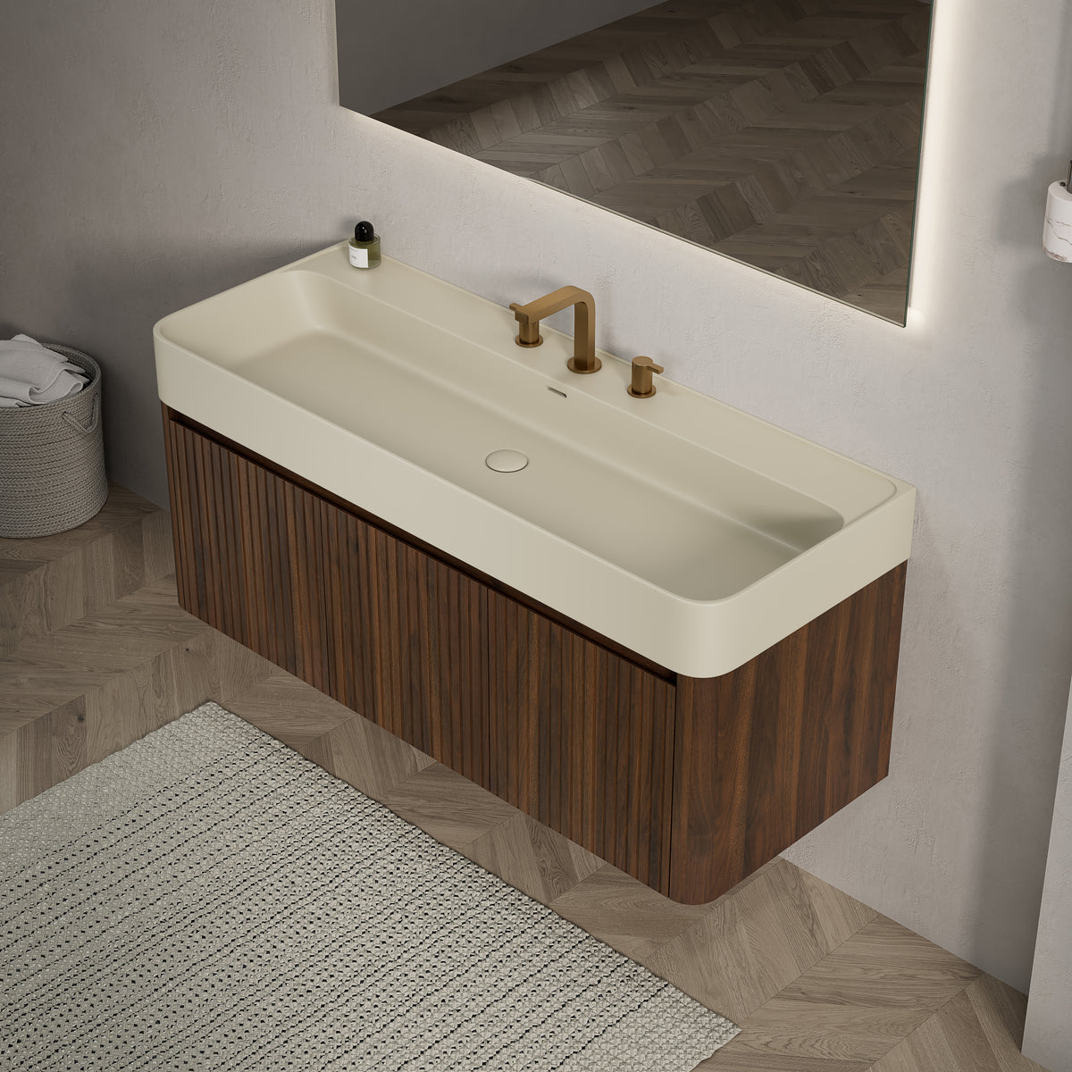 LORAN 48" Wall-Mounted Bathroom Vanity with Warm Cream Beige Solid Surface Integrated Basin, Floating Storage Cabinet, Walnut Woodgrain, 8" Widespread 3-Hole Faucet Configuration, Disassembled