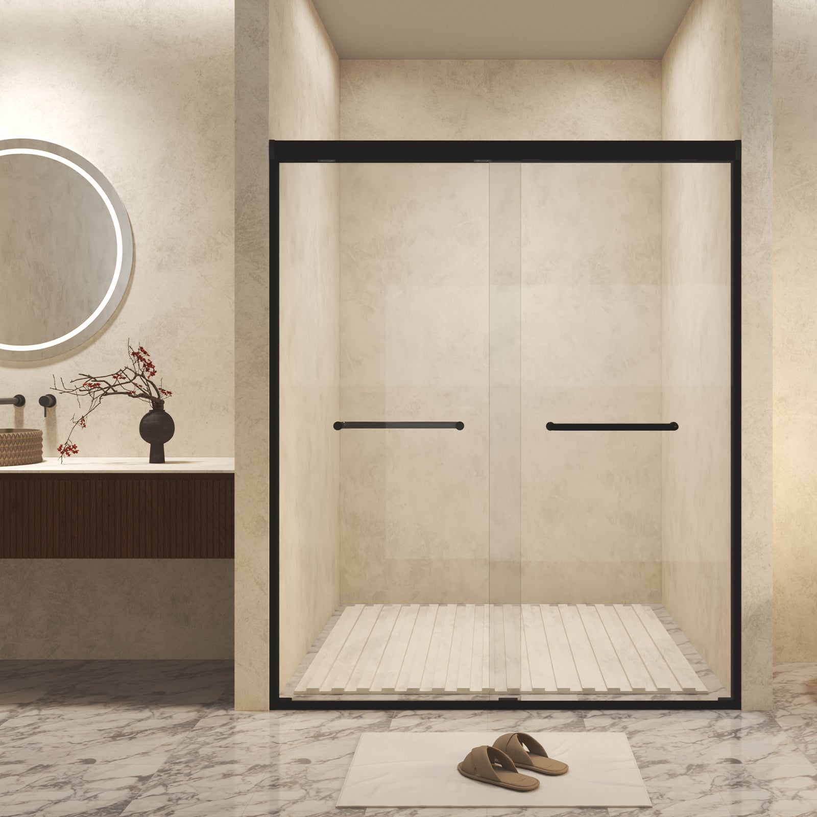 56-60" W x 72" H Double Sliding Shower Door with 6mm Tempered Glass, Safety Film, Matte Black Aluminum Frame & Stainless Steel Handle