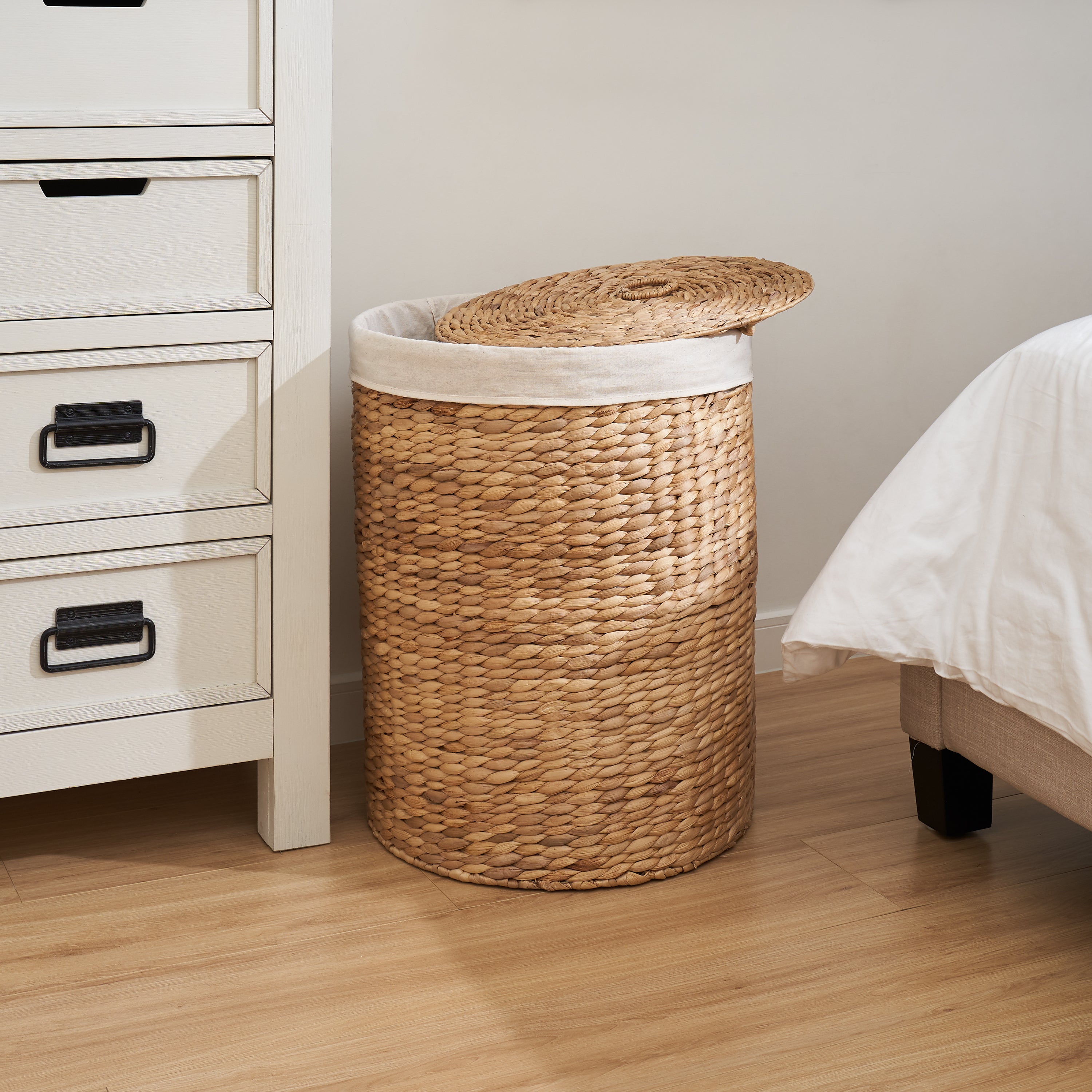 Ludmilla Tall Round Water Hyacinth Laundry Hamper with Lid – Handwoven Wicker Clothes Basket with Removable Liner for Bedroom& Home Storage, Natural Brown, 15" x 15" x 20"