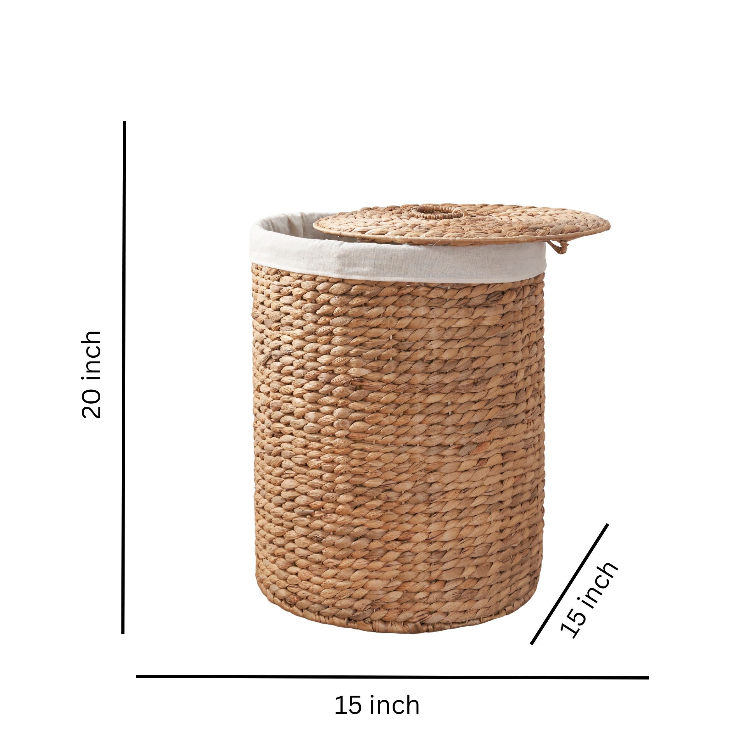 Ludmilla Tall Round Water Hyacinth Laundry Hamper with Lid – Handwoven Wicker Clothes Basket with Removable Liner for Bedroom& Home Storage, Natural Brown, 15" x 15" x 20"
