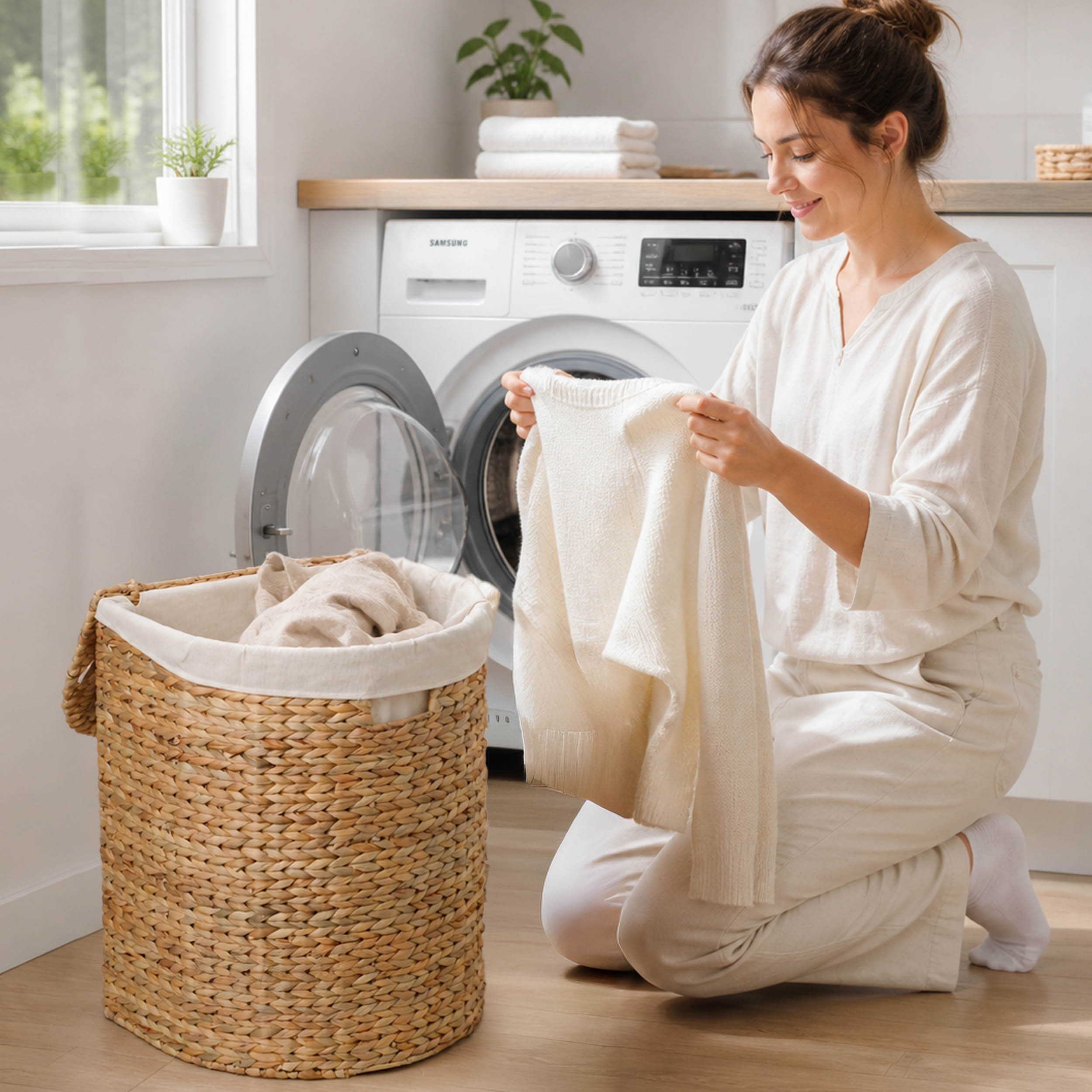 Ludmila Handwoven Water Hyacinth Laundry Hamper – Half Oval Wicker Basket for Clothes Storage & Home Organization, 16.9" x 13.8" x 20.5", Natural Brown
