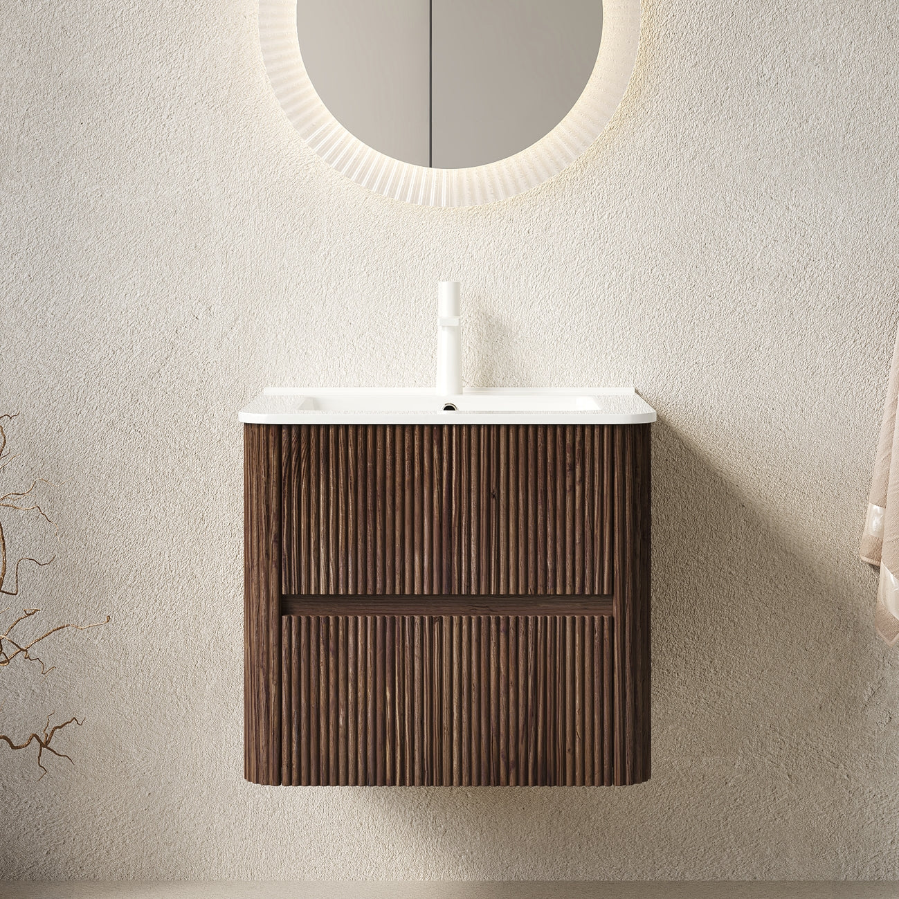 NOOR 24" Bathroom Vanity with Sink, Wall-Mounted Floating Plywood Bathroom Storage Cabinet with 2 Drawers, White Ceramic Basin, NO Faucet, Pre-assembled, Retro Walnut Woodgrain Color