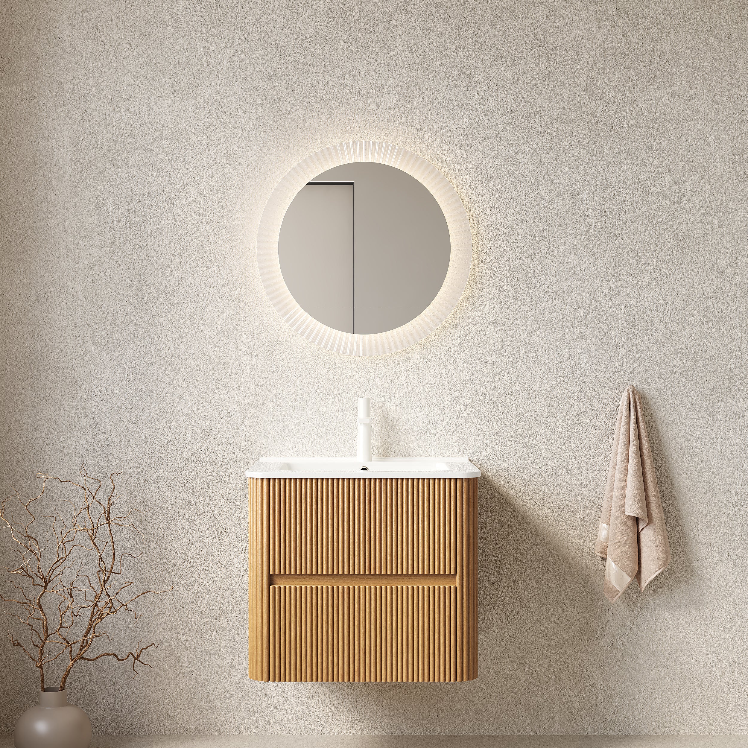 NOOR 24" Bathroom Vanity with Sink, Wall-Mounted Floating Plywood Striped Bathroom Storage Cabinet with 2 Drawers, White Rectangle Ceramic Basin, NO Faucet, Pre-assembled, Natural Woodgrain Color