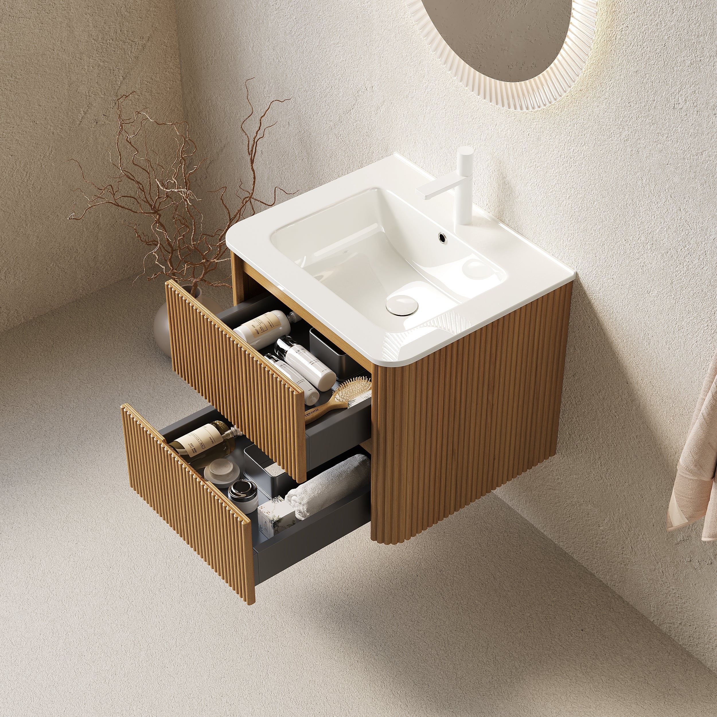 NOOR 24" Bathroom Vanity with Sink, Wall-Mounted Floating Plywood Striped Bathroom Storage Cabinet with 2 Drawers, White Rectangle Ceramic Basin, NO Faucet, Pre-assembled, Natural Woodgrain Color