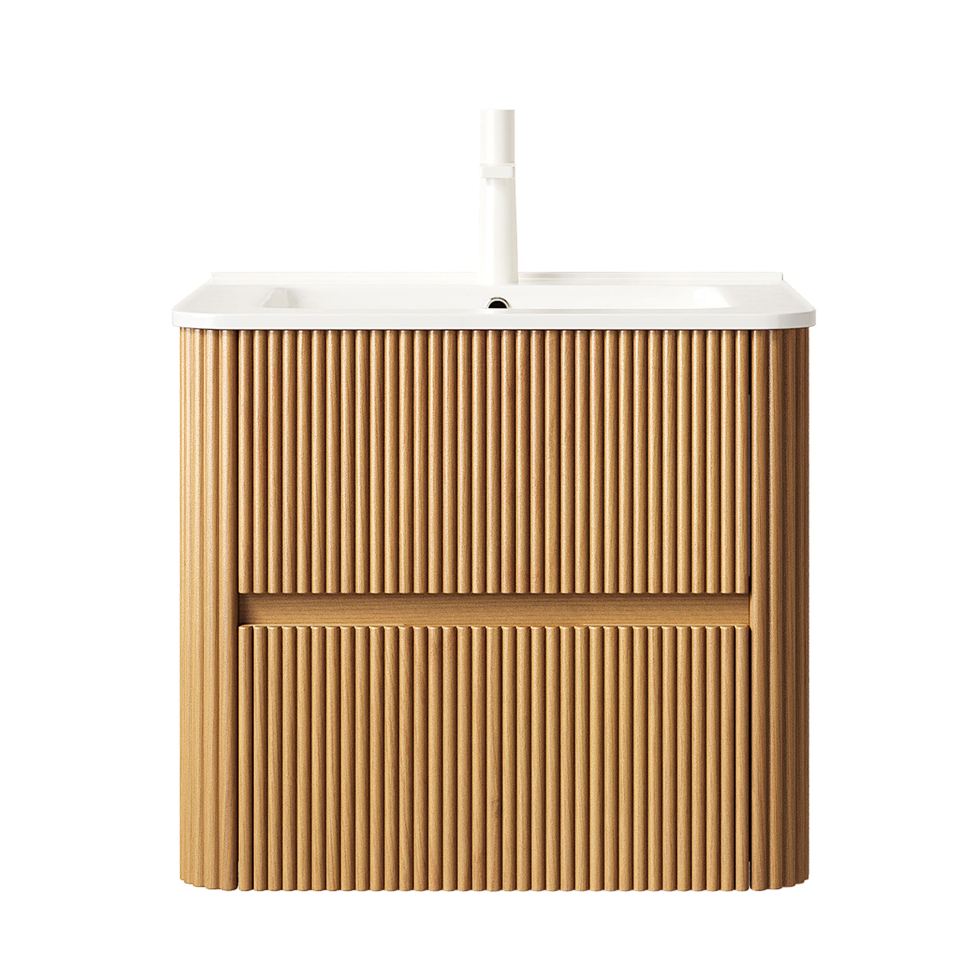 NOOR 24" Bathroom Vanity with Sink, Wall-Mounted Floating Plywood Striped Bathroom Storage Cabinet with 2 Drawers, White Rectangle Ceramic Basin, NO Faucet, Pre-assembled, Natural Woodgrain Color