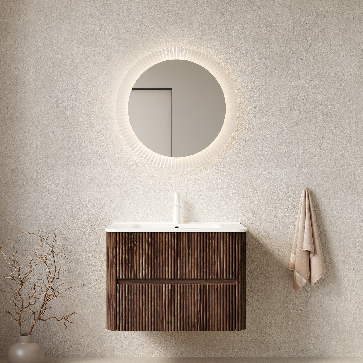 NOOR 30" Bathroom Vanity with Sink, Wall-Mounted Floating Plywood Bathroom Storage Cabinet with 2 Drawers, White Ceramic Basin, NO Faucet, Pre-assembled, Retro Walnut Woodgrain Color