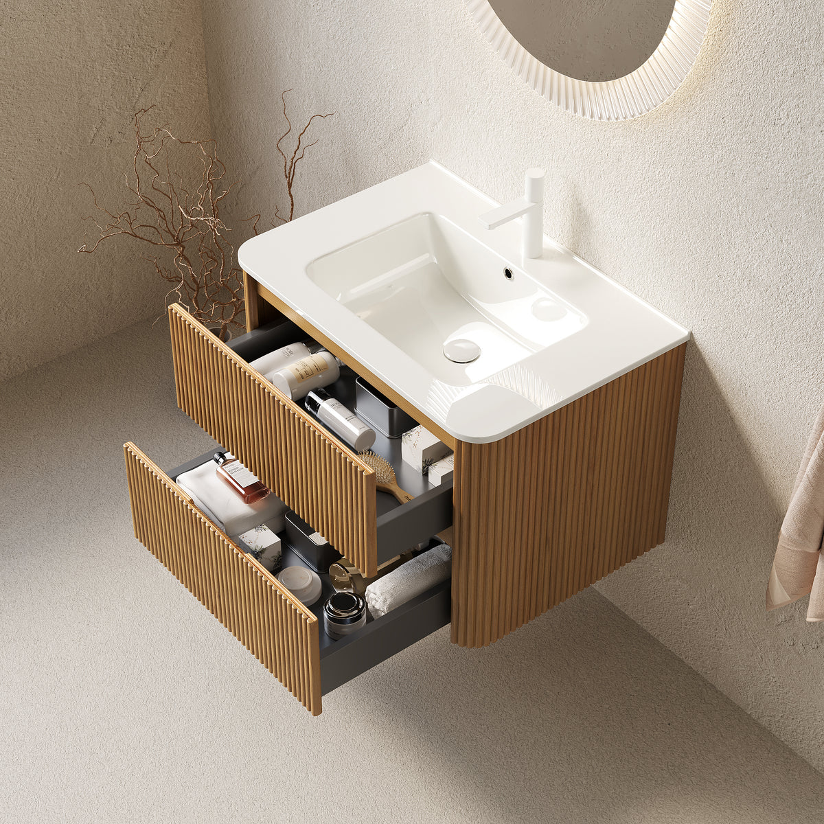 NOOR 30" Wall-Mounted Bathroom Vanity with White Rectangular Ceramic Sink, Floating Plywood Storage Cabinet with 2 Drawers, Natural Woodgrain Finish, Pre-Assembled, Faucet Not Included