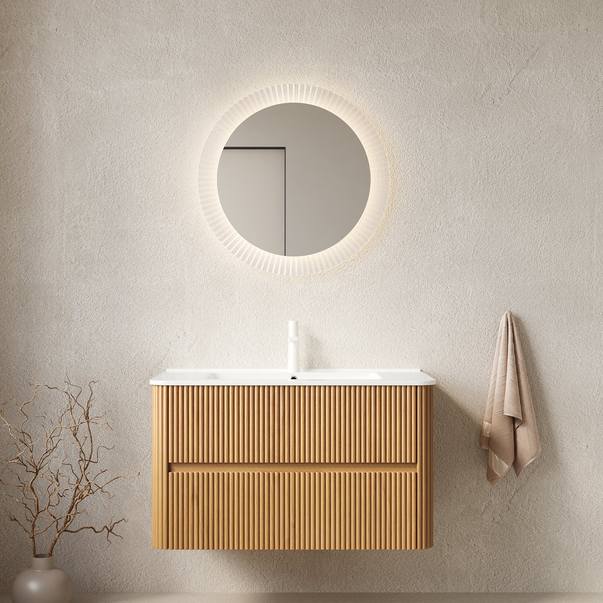 NOOR 36" Wall-Mounted Bathroom Vanity with White Rectangular Ceramic Sink, Floating Plywood Storage Cabinet with 2 Drawers, Natural Woodgrain Finish, Pre-Assembled, Faucet Not Included
