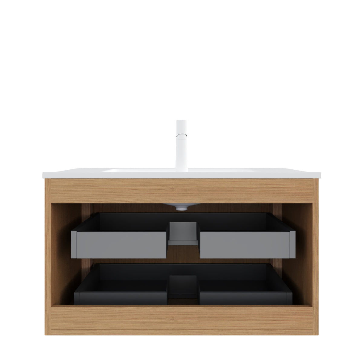 NOOR 36" Wall-Mounted Bathroom Vanity with White Rectangular Ceramic Sink, Floating Plywood Storage Cabinet with 2 Drawers, Natural Woodgrain Finish, Pre-Assembled, Faucet Not Included