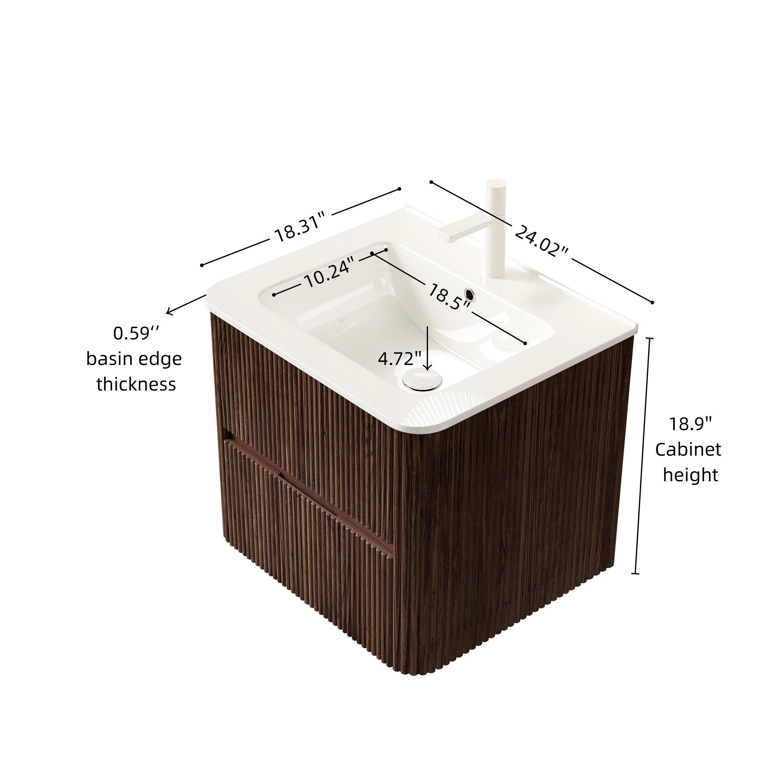 NOOR 24" Bathroom Vanity with Sink, Wall-Mounted Floating Plywood Bathroom Storage Cabinet with 2 Drawers, White Ceramic Basin, NO Faucet, Pre-assembled, Retro Walnut Woodgrain Color